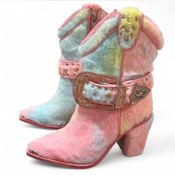 Club Exx Sharp Sheriff Shine Cowboy Boots Rainbow Faux Fur & Rhinestones, Rave - Picture 4 of 11